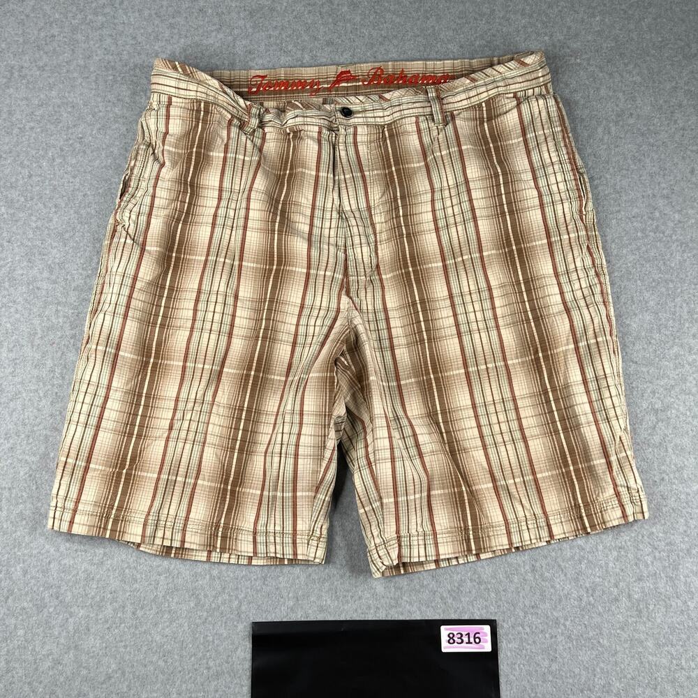 Tommy Bahama Shorts Mens 40 Silk Blend Beige Plaid Chino Outdoor Casual Men
